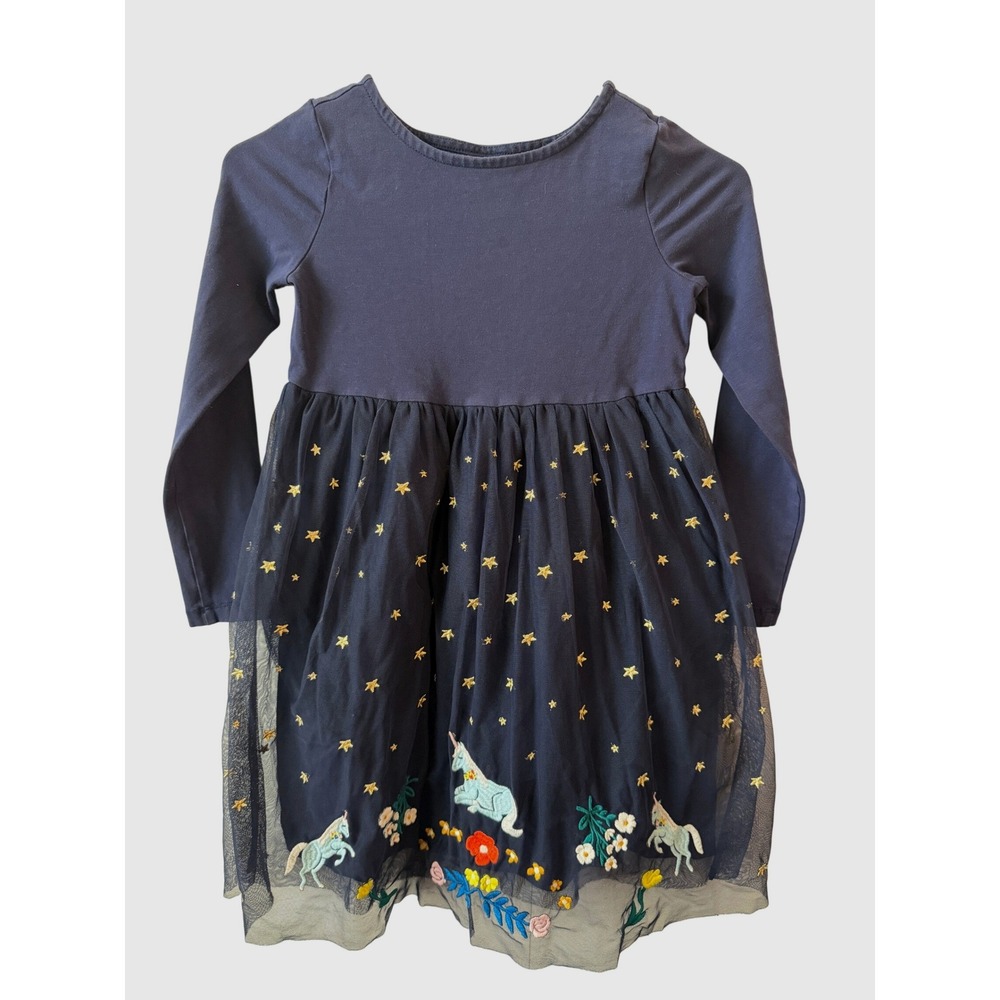 Hanna‎ Andersson Girls Navy Tulle Unicorn Star Embroidered Dress US 8 130cm